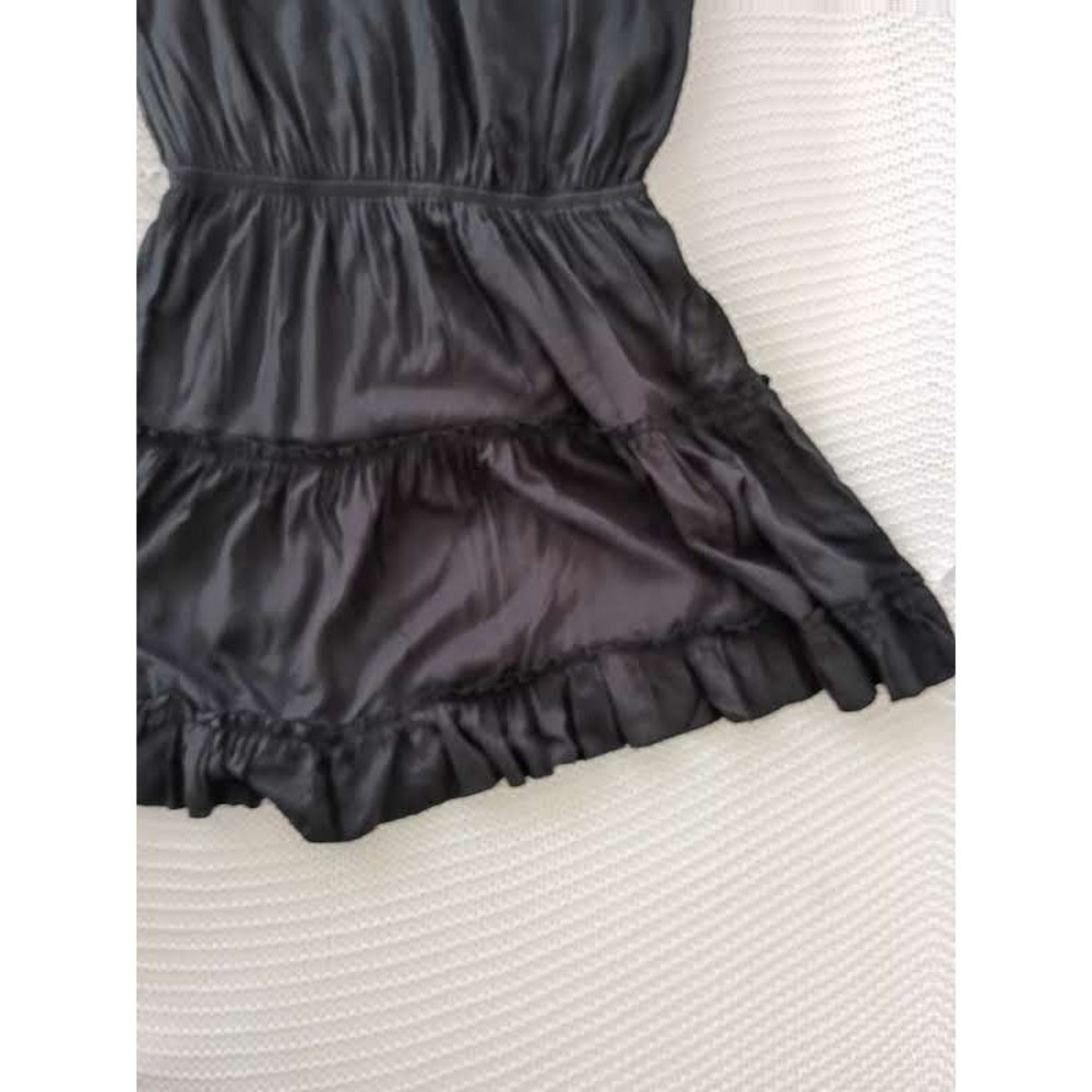 Insulation 100% Cotton Tiered Mini Dress M Black Ruffle Tie Neck Boho Dainty LBD - Picture 11 of 11